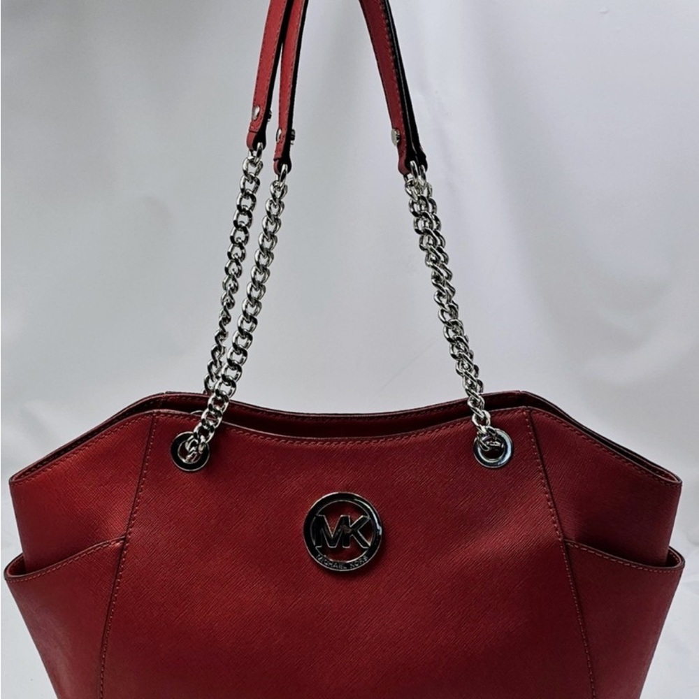 Michael Kors Safiano Leather Large Jet Set Double Handle Chain Shoulder Bag Red